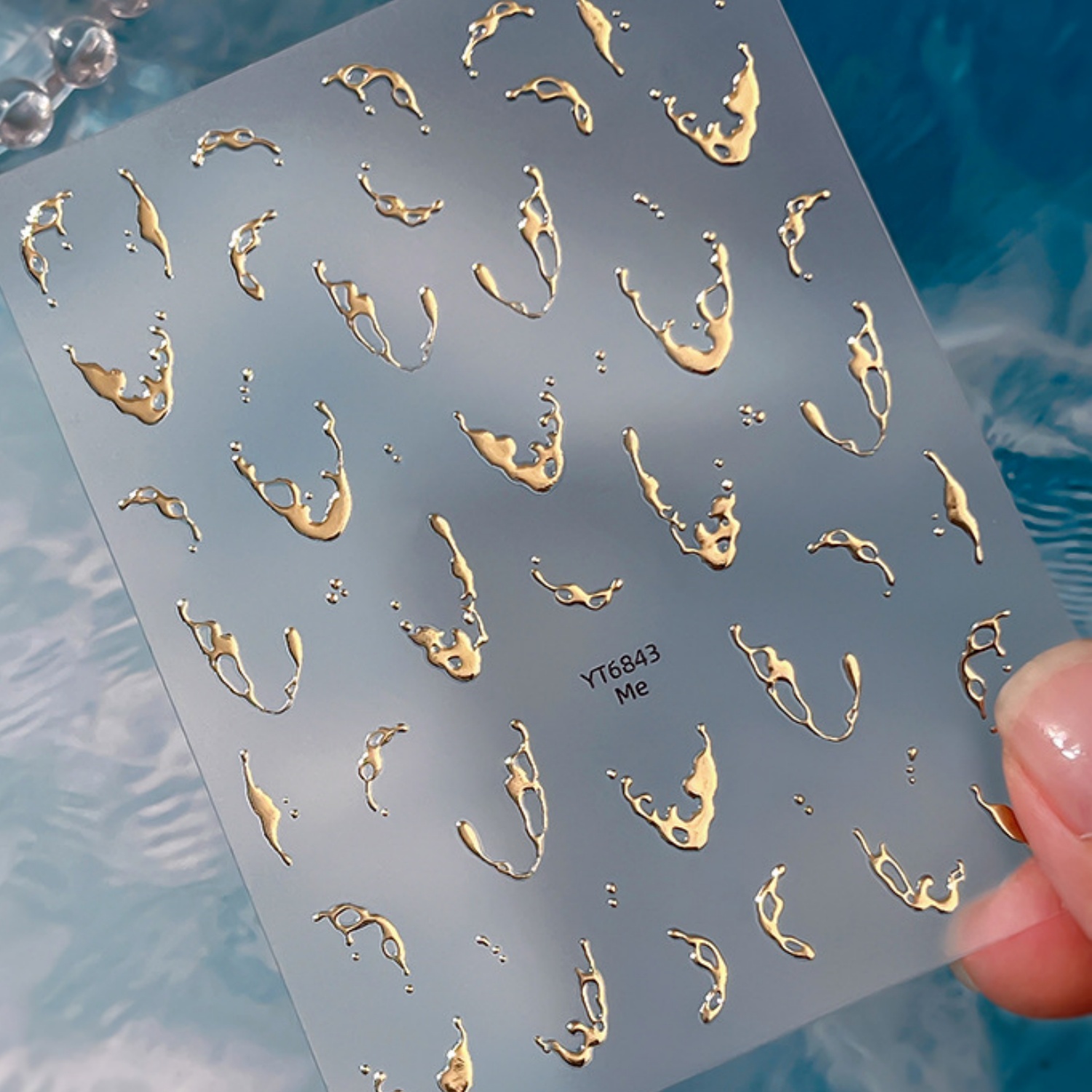 Gold Foil Flakes - 金箔水波紋5Dネイルアートステッカー ホットスタンピング リップルライン 透明オーシャン セルフ接着フレッシュウォーターデカールアートデコレーション