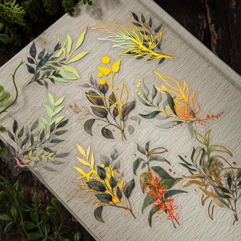 Gold Foil Flakes - ヴィンテージ風の植物柄ステッカー、金箔加工の花や葉のデカール。ジャンクジャーナル、スクラップブッキング、プランナー、DIYクラフトの装飾に。