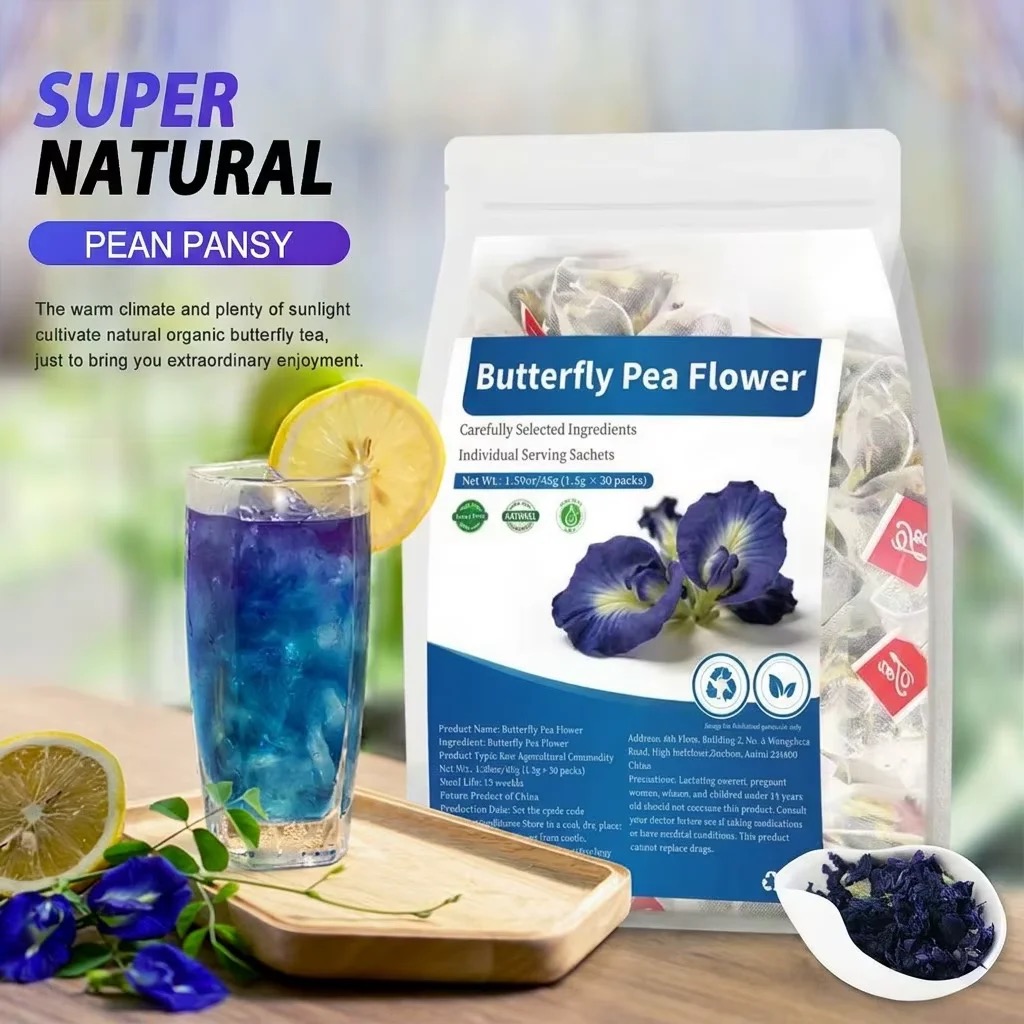 Dried Flower Bulk - オーガニックバタフライピーフラワー三角ティーバッグ、乾燥ブルーピーフラワー、気分をリラックスさせ、ストレスを軽減します、30パック送料無料
