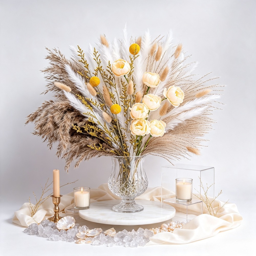 Dried Flower Bulk - ミックスドライフラワーブーケ、パンパスグラス、バニーテイルグラス、クラスペディア、プリザーブドローズ、リモニア、ドライフラワーベースフィラー、ホームテーブルウェディングデコレーション、クリスマスバレンタインデーパーティーデコレーション、お母さん、ガールフレンド、女性へのホリデーギフト